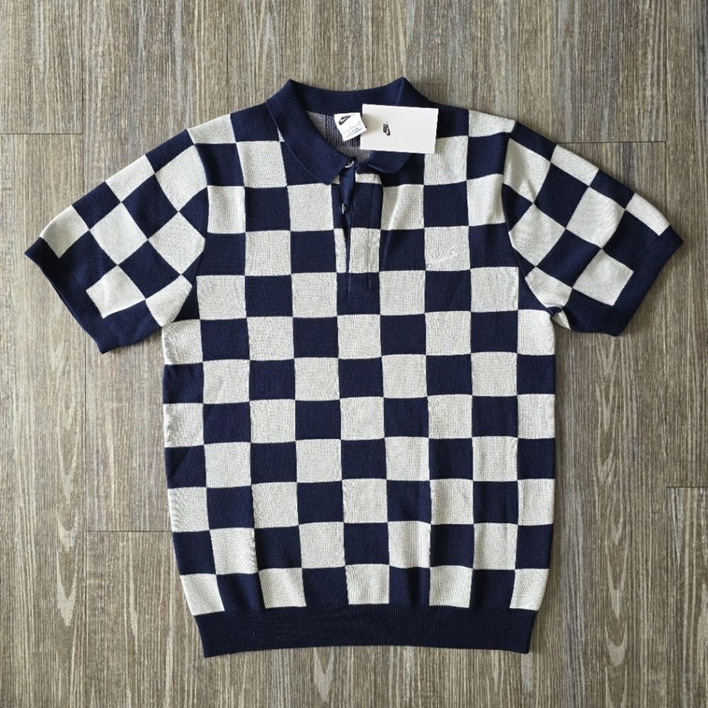 Nike Checkers Polo Golf Sweater Shirt Midnight Navy Sail Men's Small FN3422-410
